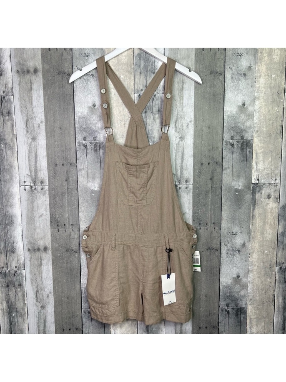 WALLFLOWER Khaki Overall Shorts Shortalls Linen Size Large NWT
